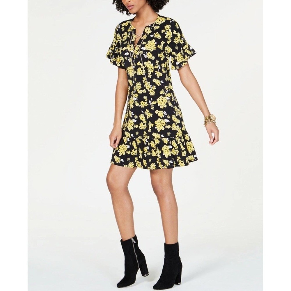MICHAEL KORS Short Dress Chain Lace-Up Floral Tiered Ruffled Black Gold Yellow M
